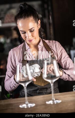Detail of a waitress cleaning glasses in the bar. Stock Photo