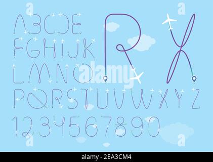 Font, type - airline business or tourist travel logo design. Flight radar tracking dotted line fly trajectory height gradient altitude - start and Stock Vector