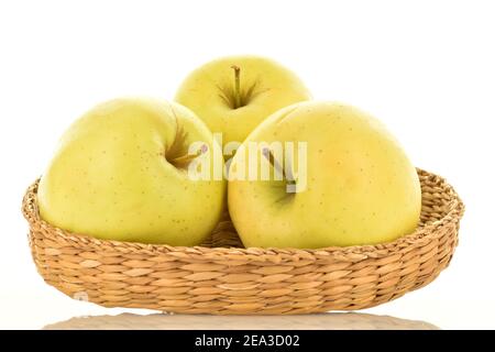 Three juicy yellow apples in a straw bowl, close-up, on a white background. Stock Photo
