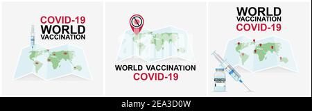 Set of banners on the theme of global covid vaccination. With a picture of a syringe on a map, countries and text design. vector Stock Vector