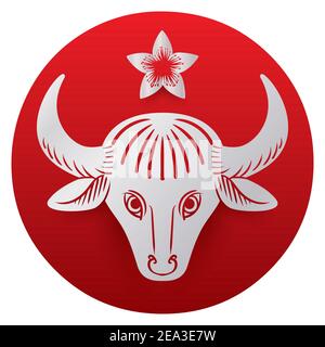 Red round button decorated with peach flower and ox head of Chinese zodiac in silhouette style and lines, isolated over white background. Stock Vector