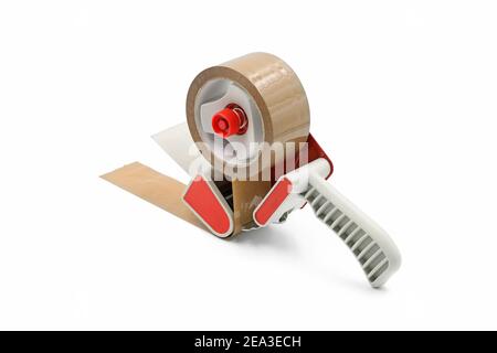 Brown adhesive packaging tape dispenser isolated on a white background Stock Photo