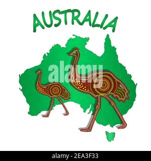 Map of Australia with emu. Australian continent with ostrich. Australia ...