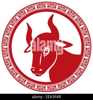 Red silhouette of Chinese Zodiac ox, inside a round button with traditional Chinese pattern. Stock Vector