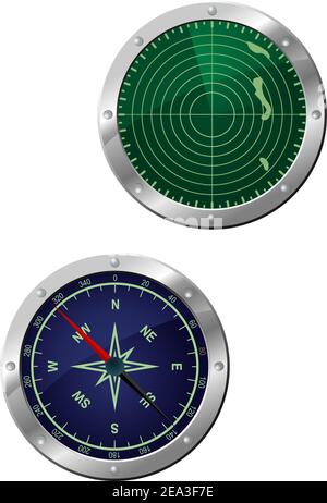 Submarine equipment - navigation compass and radar devices in icon style Stock Vector