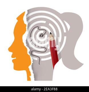 Woman head silhouette and solved labyrinth, female thinking, psychology Concept.  Illustration of Stylized torn paper head silhouette with maze. Stock Vector