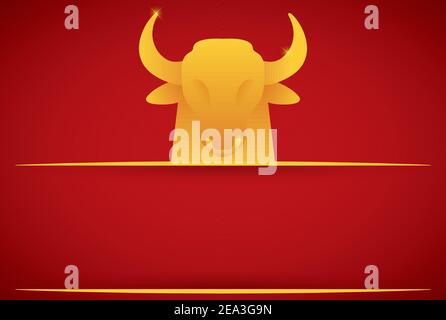 Template with golden ox or bull head with nose ring and glows, space for text and red background. Stock Vector