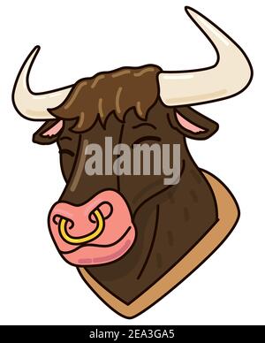 Brown ox head with belt and nose ring in flat style and outlines, isolated over white background. Stock Vector