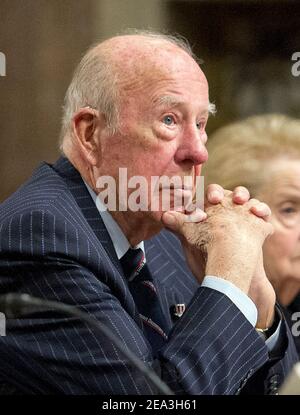 **File Photo** George Shultz Has Passed Away. Dr. George P. Shultz, Thomas W. and Susan B. Ford Distinguished Fellow Hoover Institution, Stanford University, and former United States Secretary of State (under President Ronald Reagan) gives testimony before the United States Senate Committee on Armed Services concerning 'Global Challenges and the U.S. National Security Strategy' in Washington, DC on Thursday, January 29, 2015. Credit: Ron Sachs/CNP/MediaPunch Stock Photo