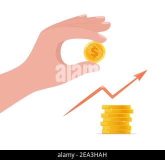 Hand putting coin on stack. Financial growth, saving money and investment concept. Pile of gold shiny coins with dollar sign. Vector illustration Stock Vector