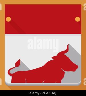 Loose-leaf calendar template in flat style and long shadow with ox silhouette. Stock Vector