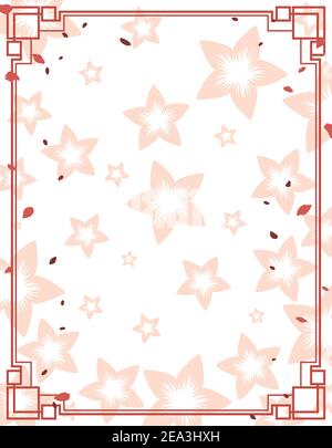 Template with frame in Chinese style, pink cherry flowers silhouettes and petals shower, over white background. Stock Vector