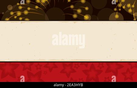 Banner template for Chinese New Year decorated with three labels: fireworks display, scroll texture and and cherry flowers over red background. Stock Vector
