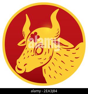 Ox drawing in Chinese style with flower and nose ring over round button in red and yellow colors, isolated over white background. Stock Vector