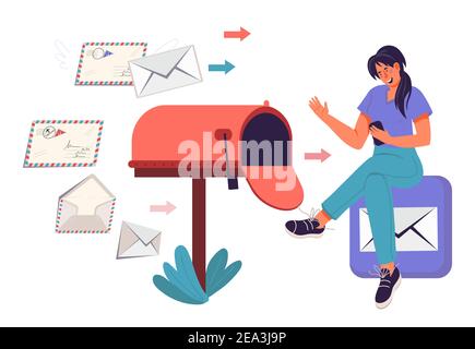 Mail service and post correspondence delivery concept with woman getting letters and checking post box, flat vector illustration isolated on white bac Stock Vector