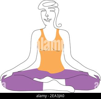 Young woman sitting in meditation. Cute girl doodle. Simple black and ...