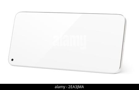 Modern white smartphone with white touch screen standing on the side. Smart phone on horizontal isolated on white background with clipping path Stock Photo