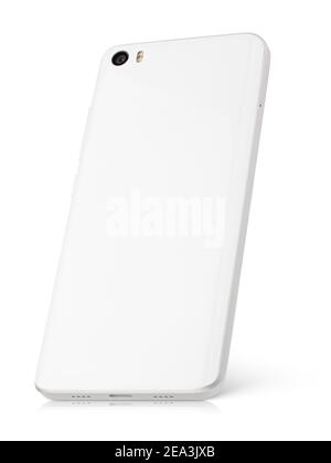 Back view of modern white smartphone with camera and flash stands isolated on white background. Smart phone with clipping path Stock Photo