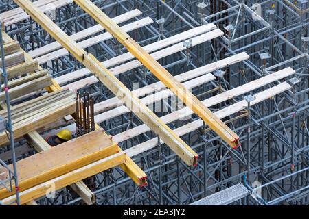 timber formwork beams on scaffolding Stock Photo
