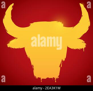 Ox or bull head silhouette made with golden paint over red background. Stock Vector
