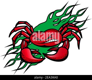 Angrycrab with claws on green flames for tattoo design Stock Vector