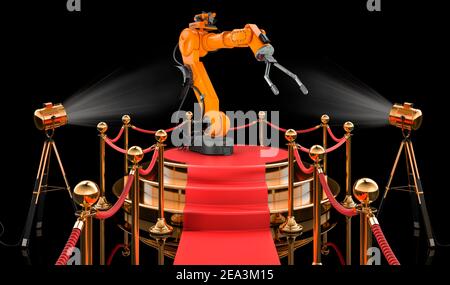 Podium with robotic arm, 3D rendering isolated on black background Stock Photo