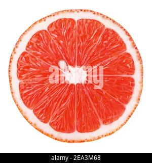 Top view of textured ripe slice of pink grapefruit citrus fruit isolated on white background with clipping path Stock Photo