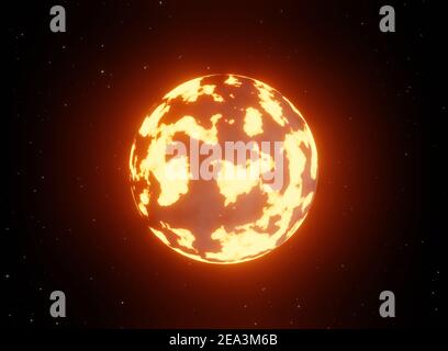 Fire hot alien planet with volcanic activity, 3d render Stock Photo