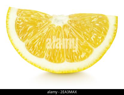 Ripe wedge of yellow lemon citrus fruit isolated on white background with clipping path Stock Photo