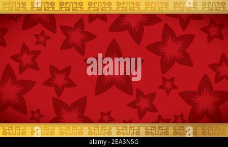 Template with floral pattern over red background and golden borders decorated with Chinese pattern for oriental holidays. Stock Vector