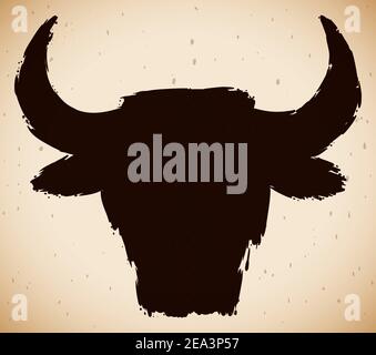 Ox or bull head in dark brush strokes over ancient scroll. Stock Vector
