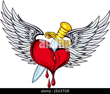 Heart with sword and wings in retro style for tattoo design Stock Vector