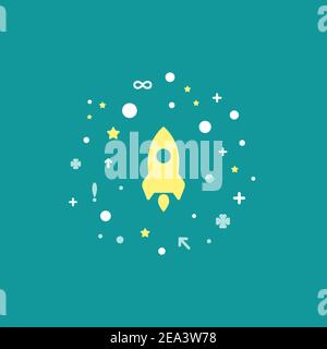 yellow rocket flying up on blue background. Shuttle with signs, stars. Launch, upgraid icon. Creative project start, business advance, breakthrough si Stock Vector