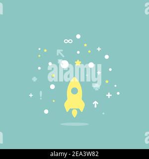 yellow rocket flying up on blue background. Shuttle with signs, stars. Launch, upgraid icon. Creative project start, business advance, breakthrough si Stock Vector
