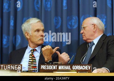 Media mogul Ted Turner (left) and former USSR President Mikhail Gorbachev (right) announced Ted Turner as the recipient of the 2005 Alan Cranston Peace Award (to be presented by Gorbachev) during a news conference held at the United Nations headquarters in New York, on Wednesday April 20, 2005. Photo by Nicolas Khayat/ABACA Stock Photo