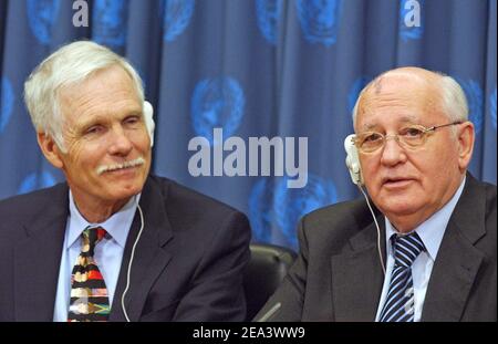 Media mogul Ted Turner (left) and former USSR President Mikhail Gorbachev (right) announced Ted Turner as the recipient of the 2005 Alan Cranston Peace Award (to be presented by Gorbachev) during a news conference held at the United Nations headquarters in New York, on Wednesday April 20, 2005. Media mogul Ted Turner (left) and former USSR President Mikhail Gorbachev (right) announced Ted Turner as the recipient of the 2005 Alan Cranston Peace Award (to be presented by Gorbachev) during a news conference held at the United Nations headquarters in New York, on Wednesday April 20, 2005. Photo by Stock Photo