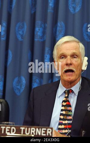 Media mogul Ted Turner is announced as the recipient of the 2005 Alan Cranston Peace Award (to be presented by Gorbachev) during a news conference held at the United Nations headquarters in New York, on Wednesday April 20, 2005. Media mogul Ted Turner (left) and former USSR President Mikhail Gorbachev (right) announced Ted Turner as the recipient of the 2005 Alan Cranston Peace Award (to be presented by Gorbachev) during a news conference held at the United Nations headquarters in New York, on Wednesday April 20, 2005. Photo by Nicolas Khayat/ABACA Stock Photo