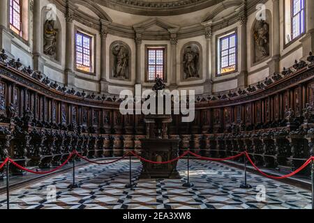 The carved wooden choir stalls of San Giorgio Maggiore church, Venice, Italy Stock Photo