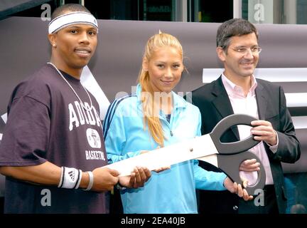 Portland Trailblazers' Sebastian Telfair, tennis player Anna Kournikova and CEO of Adidas/Salomon Herbert Hainer open the largest 'Adidas Sport Performance Store' in the World, at Downtown Manhattan in New York, USA, on May 7, 2005. Photo by Slaven Vlasic/CAMELEON/ABACA. Stock Photo