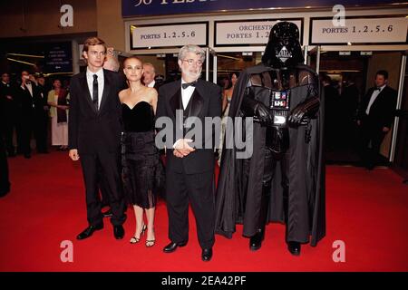Cast members Hayden Christensen and Natalie Portman with director George Lucas and character Darth Vader at the end of George Lucas film 'Star Wars Episode 3 Revenge of the Sith' World Premiere presented out of competition at the 58th Cannes Film Festival in Cannes, France on May 15, 2005. Photo by Hahn-Nebinger-Klein/ABACA