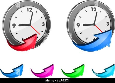 Clock icons and glossy arrow set for design Stock Vector