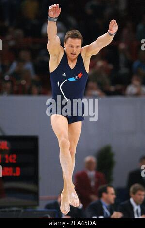 Dimitri Karbanenko of France competes on floor exercise during the 14th