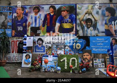 Spanish Districts, Largo Maradona, photos and pictures from Diego Armando Maradona, in memory of his history in the Napoli football team. Stock Photo