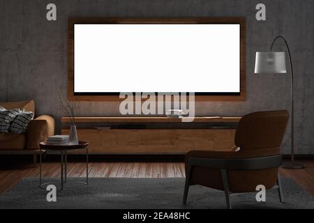 Glowing TV wide screen at night on the concrete wall in living room. Front view Stock Photo