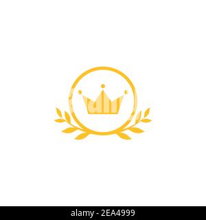 Gold Laurel Wreath with crown Icon. Vector Flat illustrationisolated on white. Winner label made of twigs with green leaves. Victory logo. First place Stock Vector