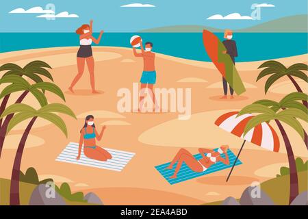 An illustration of people in masks keeping social distance at the beach ...