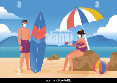 An illustration of people in masks keeping social distance at the beach ...