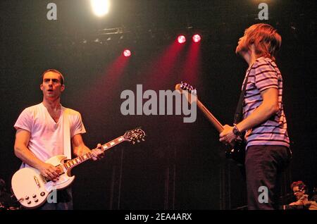 Us band Maroon 5 performs Adam Levine (l) and James Valentine on stage at le Zenith in Paris on June7, 2005. Photo by Bruno Klein/ABACA. Stock Photo