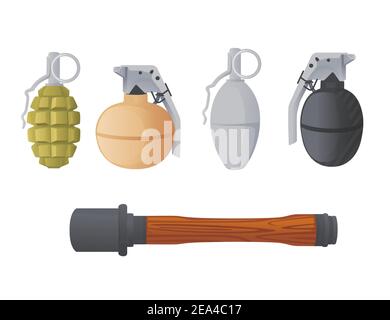 Set of hand grenades from world war two and modern variants frag and smoke grenades vector illustration on white background Stock Vector