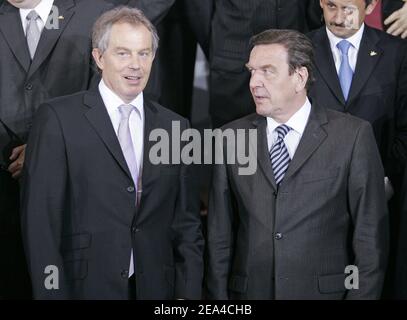 British Prime Minister Tony Blair and German Chancellor Gerhard Schroeder pose for the photographers at the start of the European Summit in Brussels, Belgium, on June 16, 2005. Photo by Pool/ABACA Stock Photo